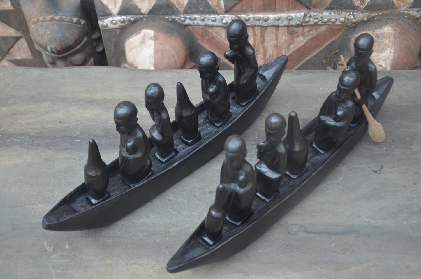 Set of 2 Hand-Carved African Canoe Sculptures | Fisherman Decor