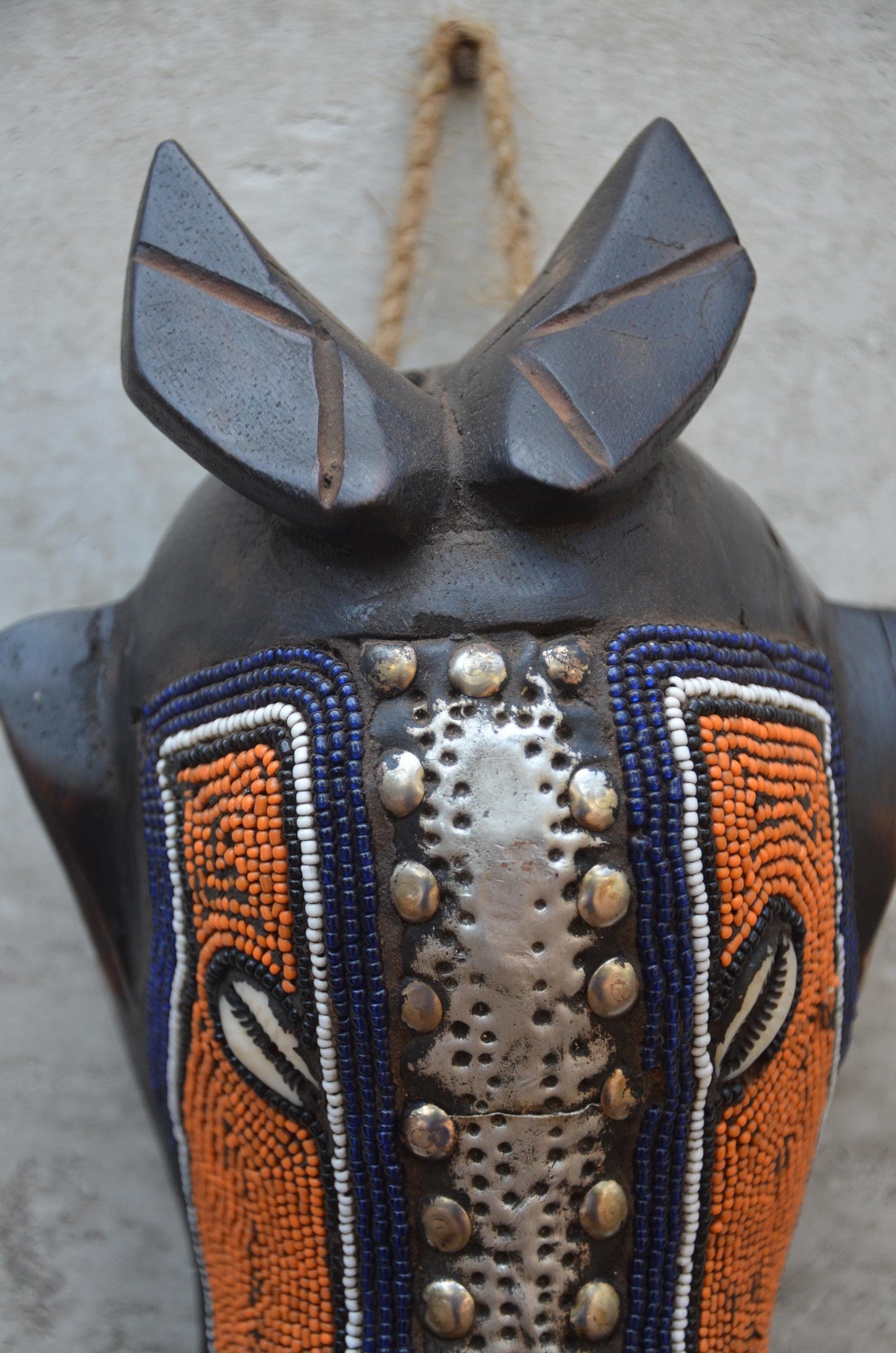 Bamum Beaded Animal Mask – 11" Cameroon Buffalo Wall Art – Tribal Home Decor