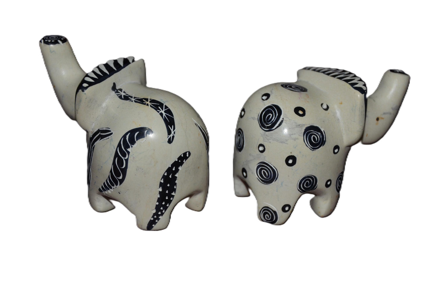 Set of 2 Soapstone Elephant Figurines Hand Carved Kenyan Animal Statue Cream Black Modern Boho Shelf Decor Elephant Lover Gift Art