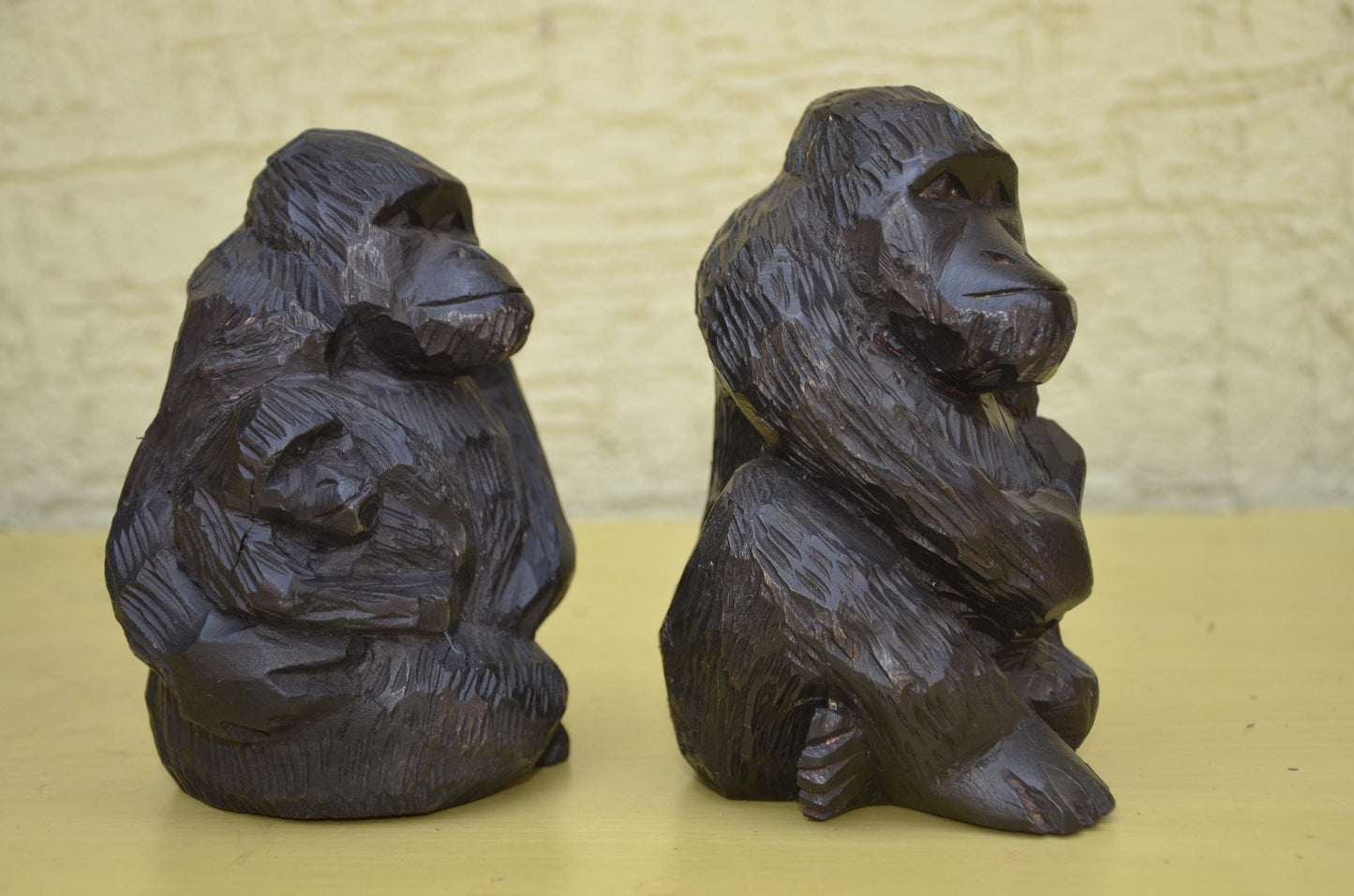 Hand Carved Wooden Gorilla Family Sculpture | Wildlife Art