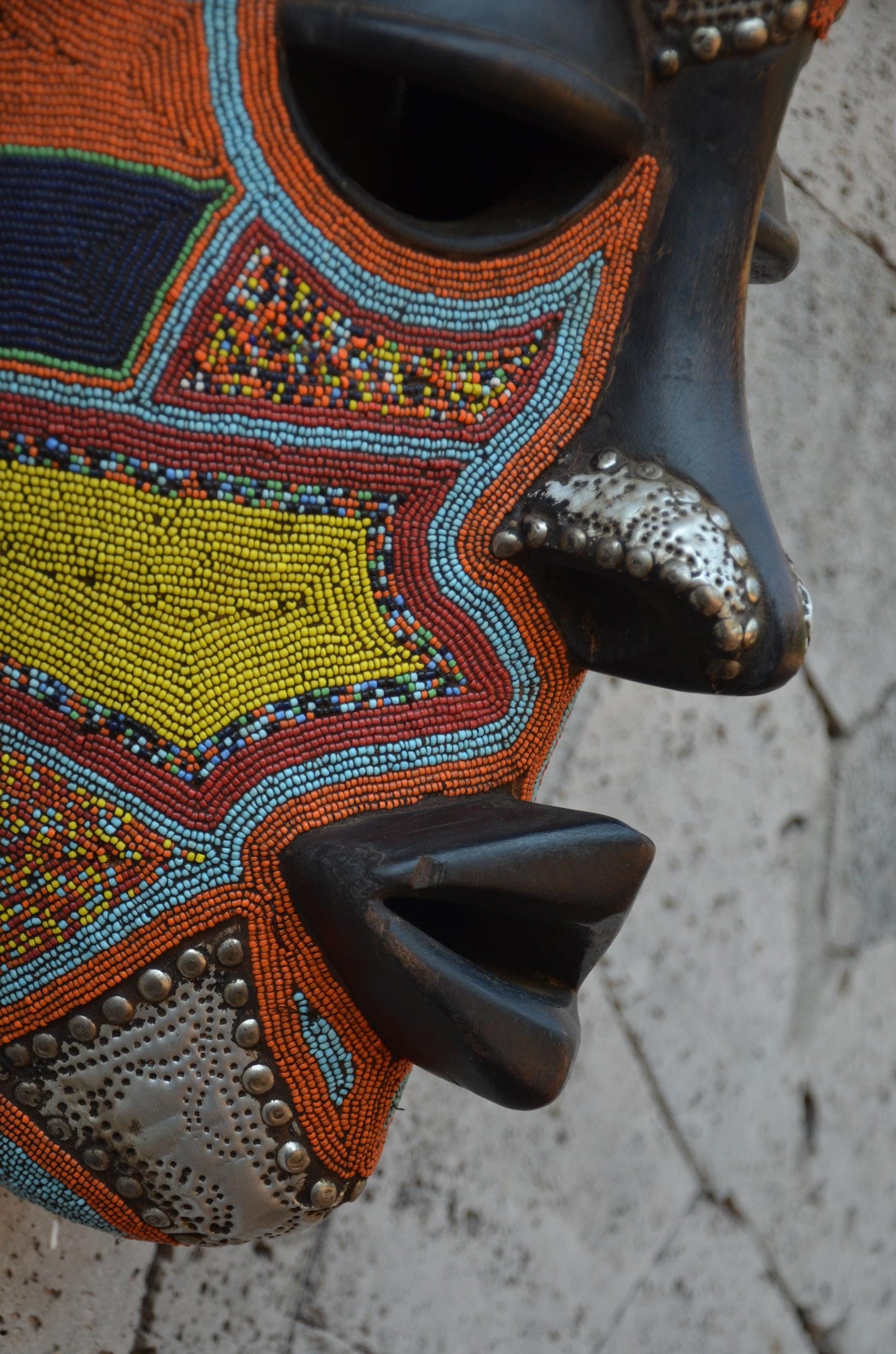 Yoruba Beaded Mask – 38" Large Hand-Carved Wood & Brass Mask – Wall Art