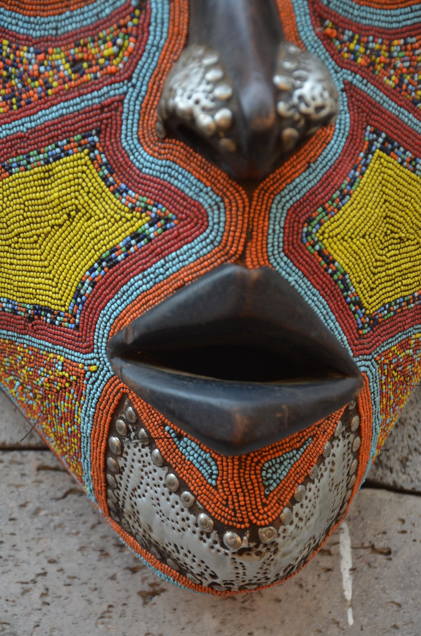 Yoruba Beaded Mask – 38" Large Hand-Carved Wood & Brass Mask – Wall Art