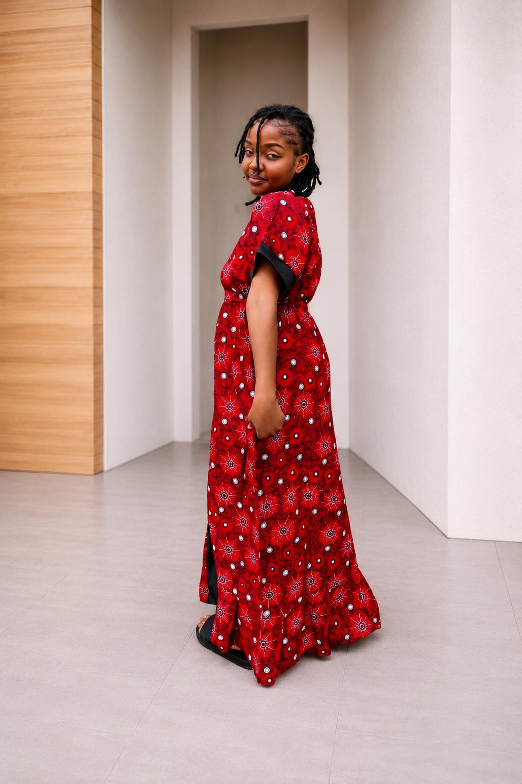 Tie-Front Ankara Kimono Maxi | Cuffed Satin-Trim Boubou, Red Gown
