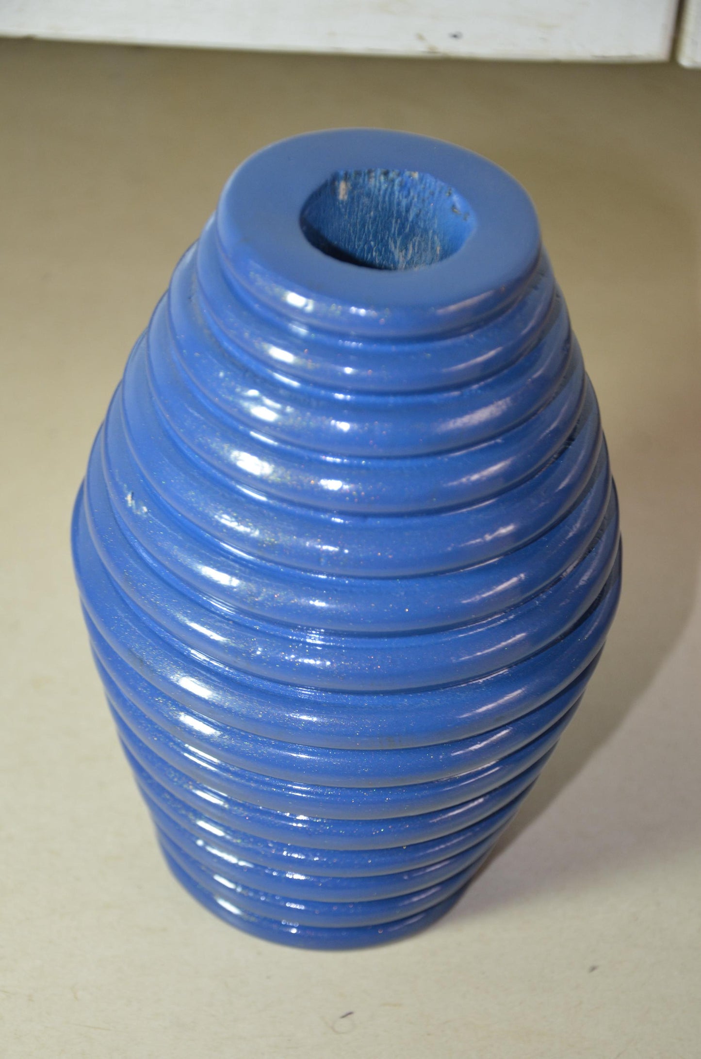 Large Blue Wooden Ribbed Vase | Cobalt Beehive Ringed Vessel | Modern Nordic Home Decor Accent Piece | Minimalist Handcrafted Wood Art