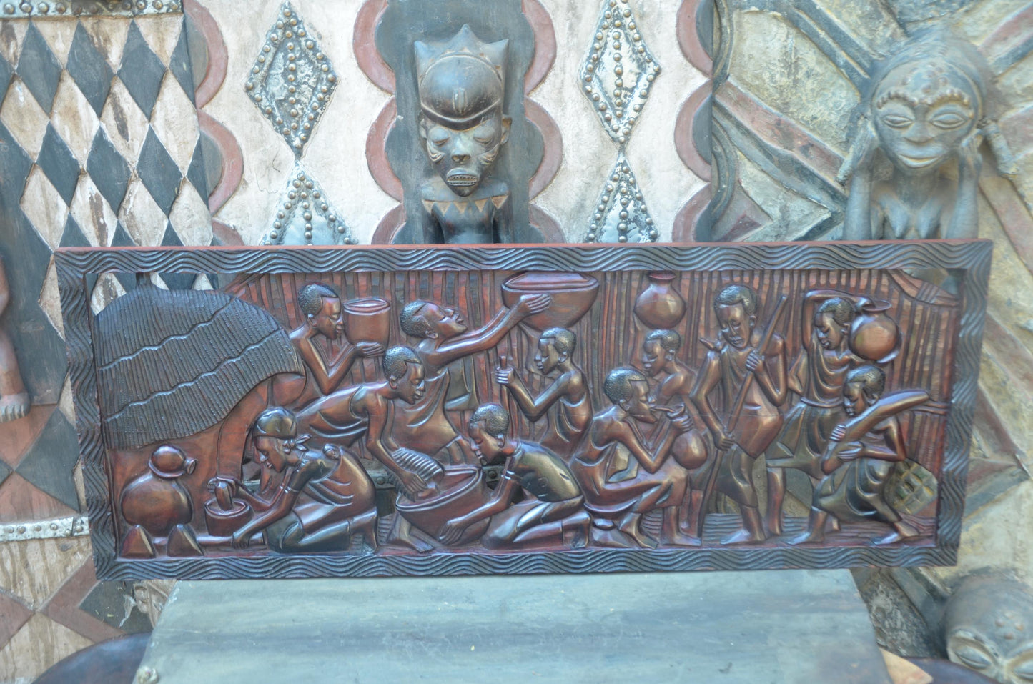 African Community Celebration Wall Plaque | Large Hand-Carved Wooden Relief Art | Village Gathering Wall Decor | Ethnic Sculptural Panel
