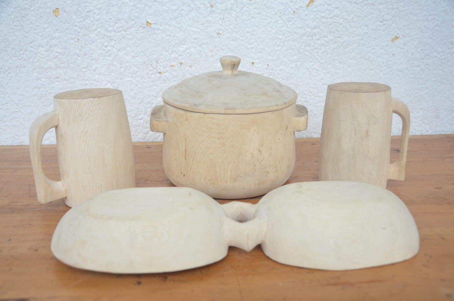 Hand-Carved Wooden Food Dish and Mug Set | Artisan African Kitchen Decor