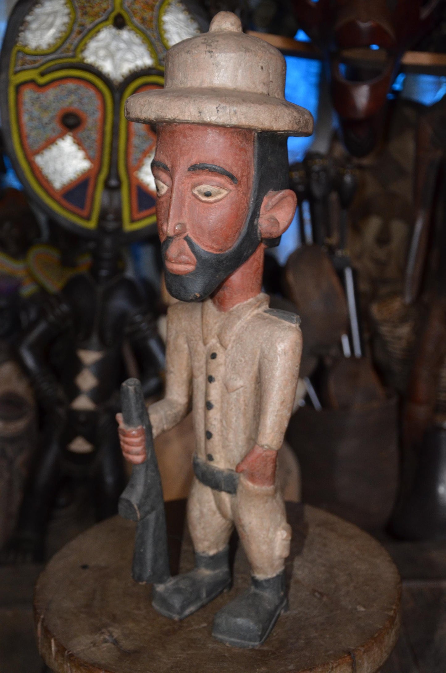 Large African Colon Statue - 28" Hand-Carved Wooden Colonial Soldier Figurine, Armed Guard / Hunter with Rifle.