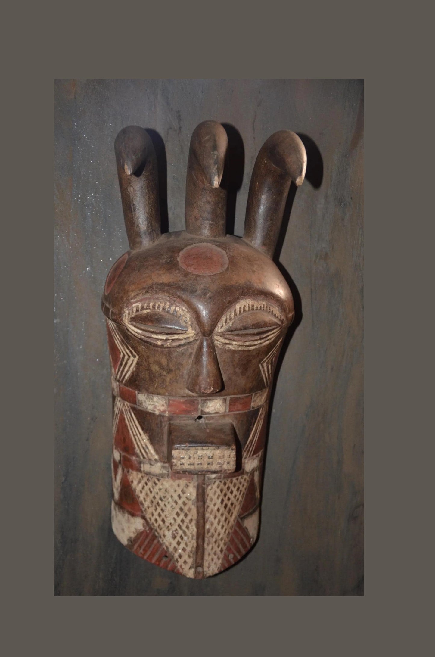 Marka Ntomo Polychrome Mask - 21" Authentic Mali Maraka Wood Carving, Three-Horned Initiation Face Mask.