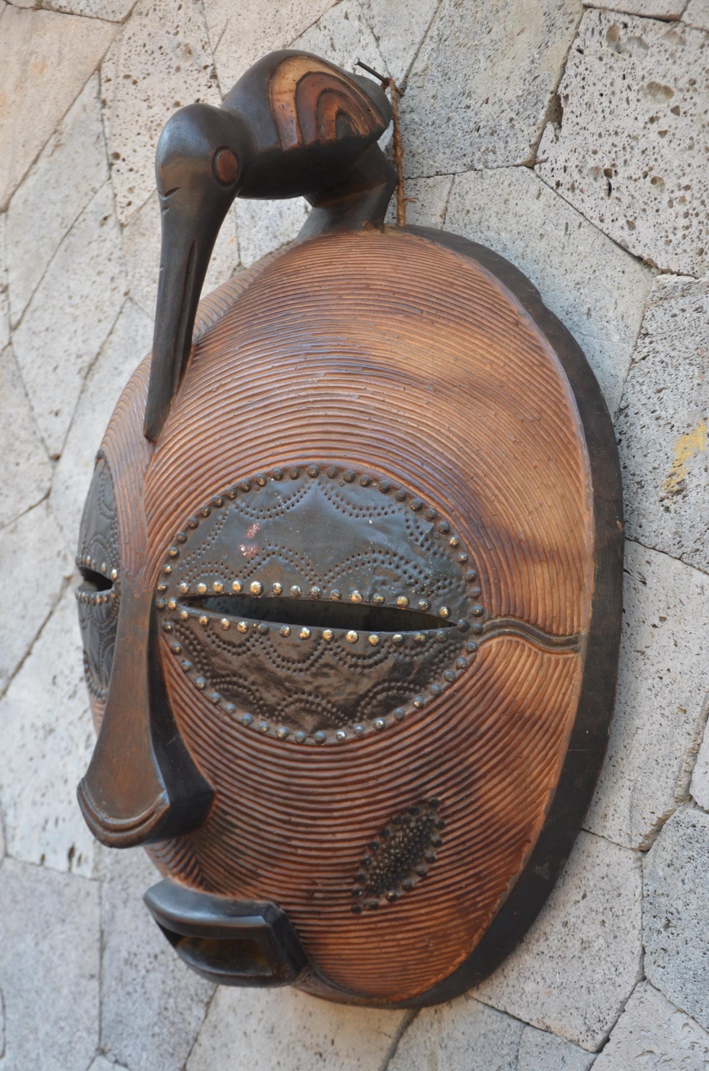 Grand Luba-Style African Mask - Massive 33" Hand-Carved Striated Wood Kifwebe Mask, Metal Sheet Overlay & Bird Crest Statement Piece.