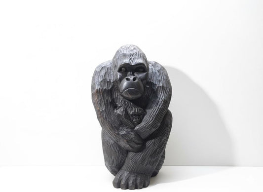 Hand Carved Wooden Gorilla Statue with Baby, Primate Mother and Child Sculpture