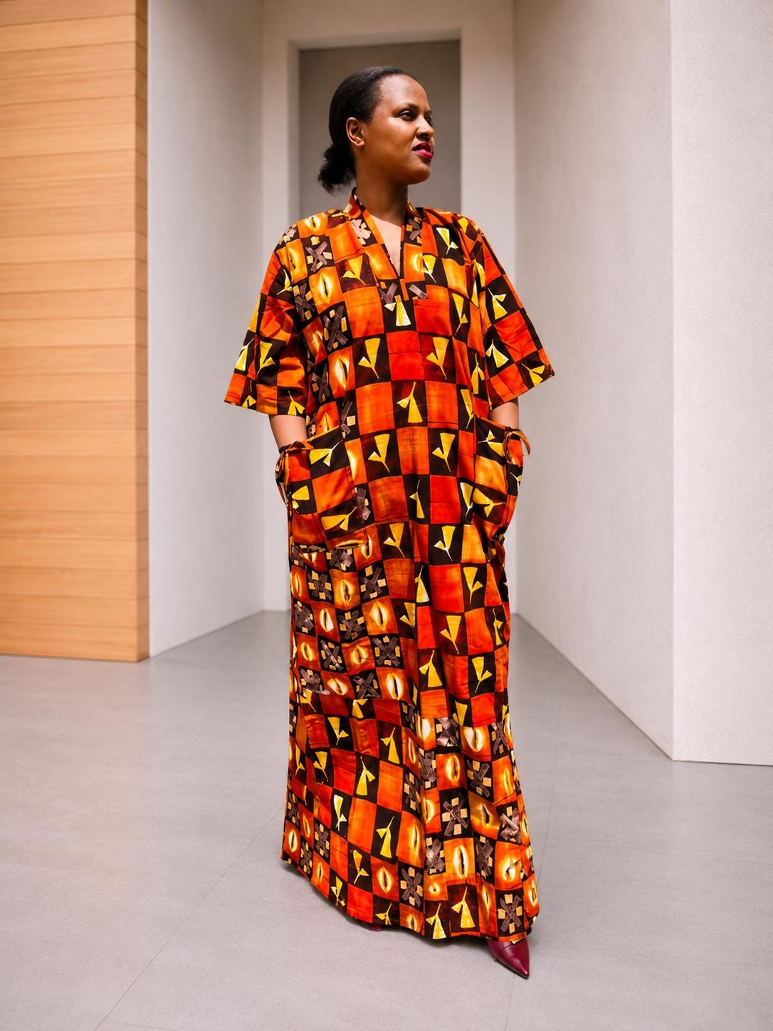 Mixed-Print Ankara Maxi Dress | Grid-Patterned African Boubou, Warm-Tone Patchwork