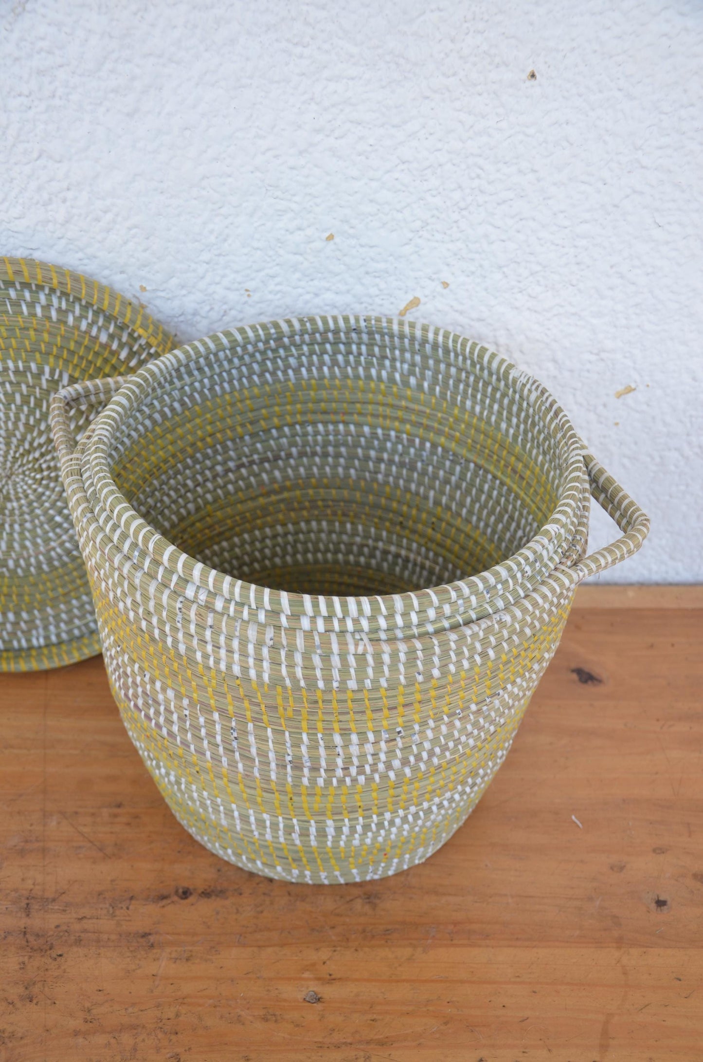 Handwoven Senegalese Coil Basket with Lid | Yellow and White Boho Storage Bin