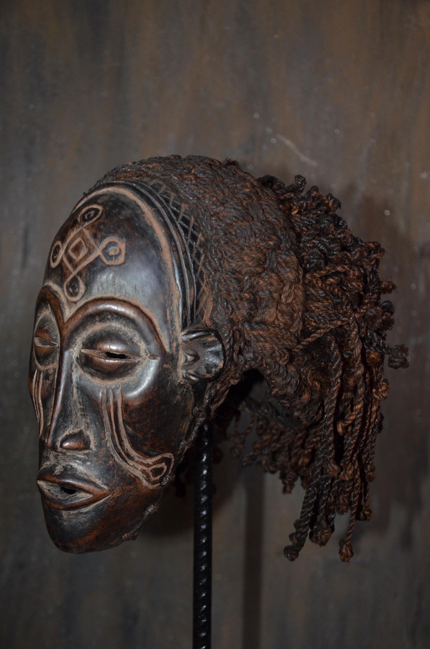 Authentic Chokwe Pwo Mask - 12" Hand-Carved Wood Female Ancestor Mask, Angolan Tribal Art, Woven Fiber Hair.