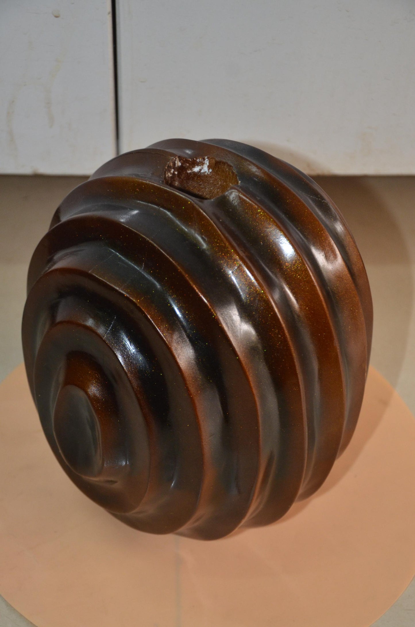 Spherical Wooden Ribbed Vase | Metallic Bronze Round Spiral Vessel