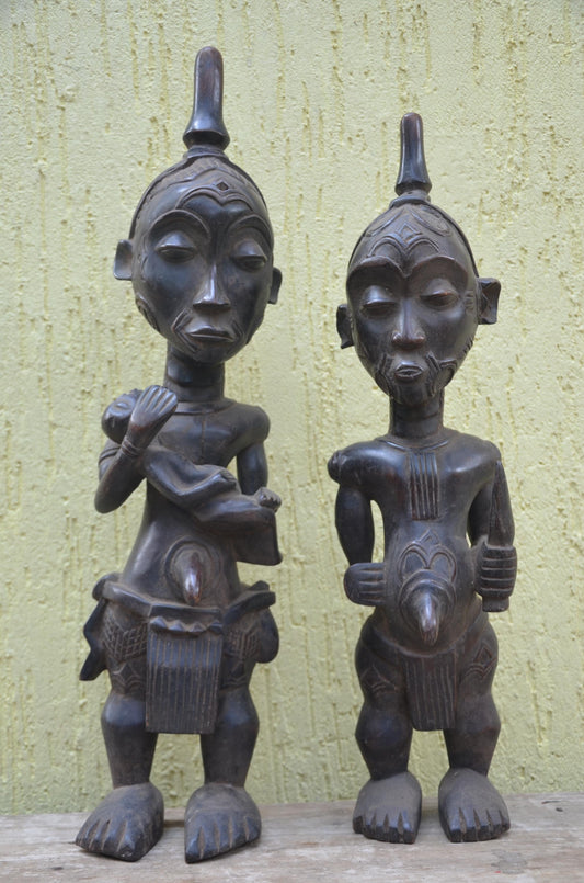 Bena Lulua Couple Figures – 29" Hand-Carved Wood Congo Statues – Tribal Art.