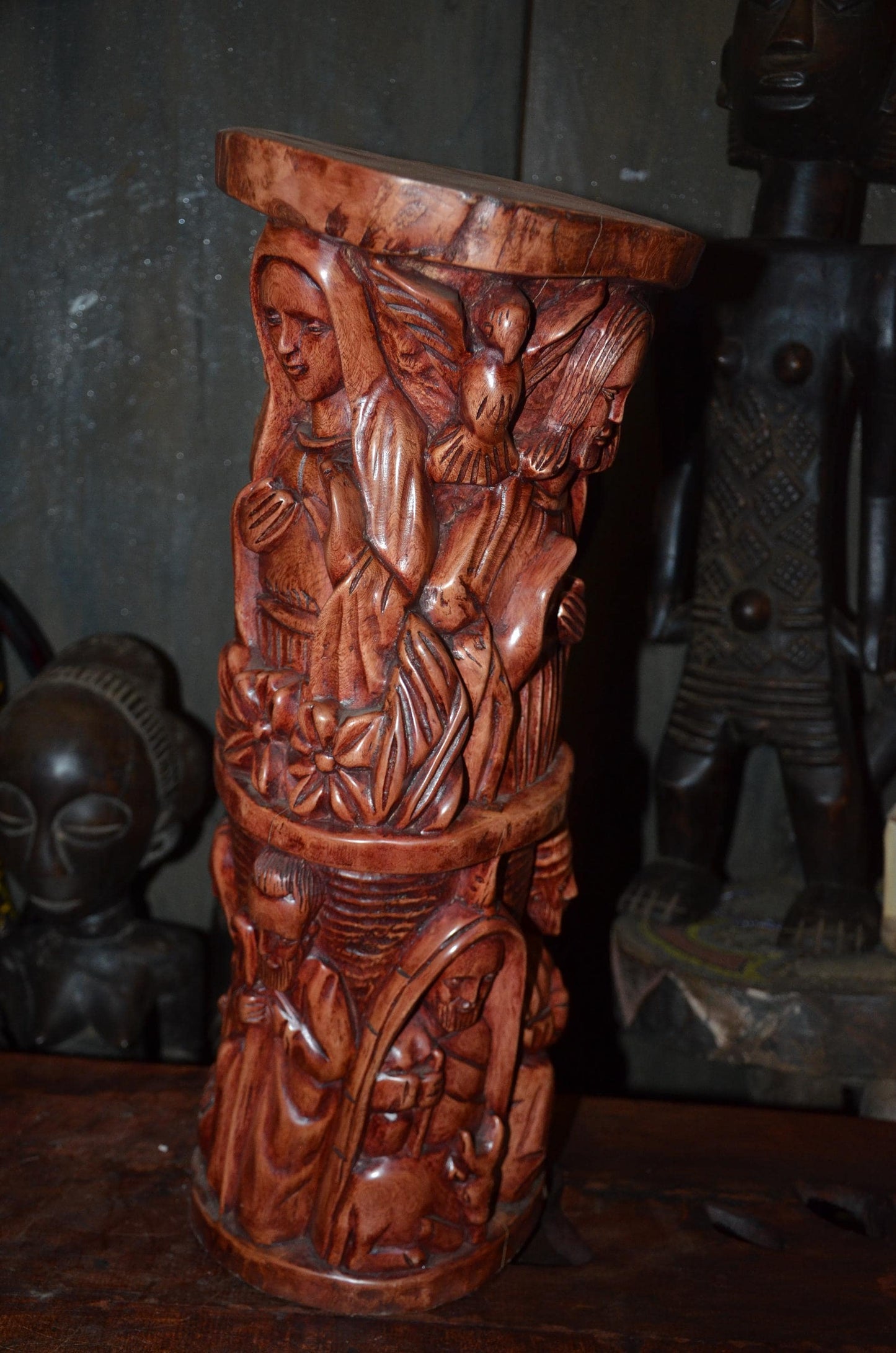 African Carved Wooden Stool | Relief Side Table | Handmade Tribal Furniture