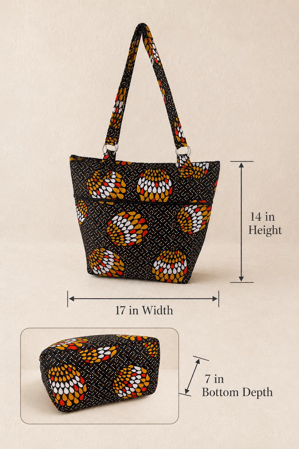 African Print Shoulder Bag, Handmade Large Fabric Tote with Zipper Pocket