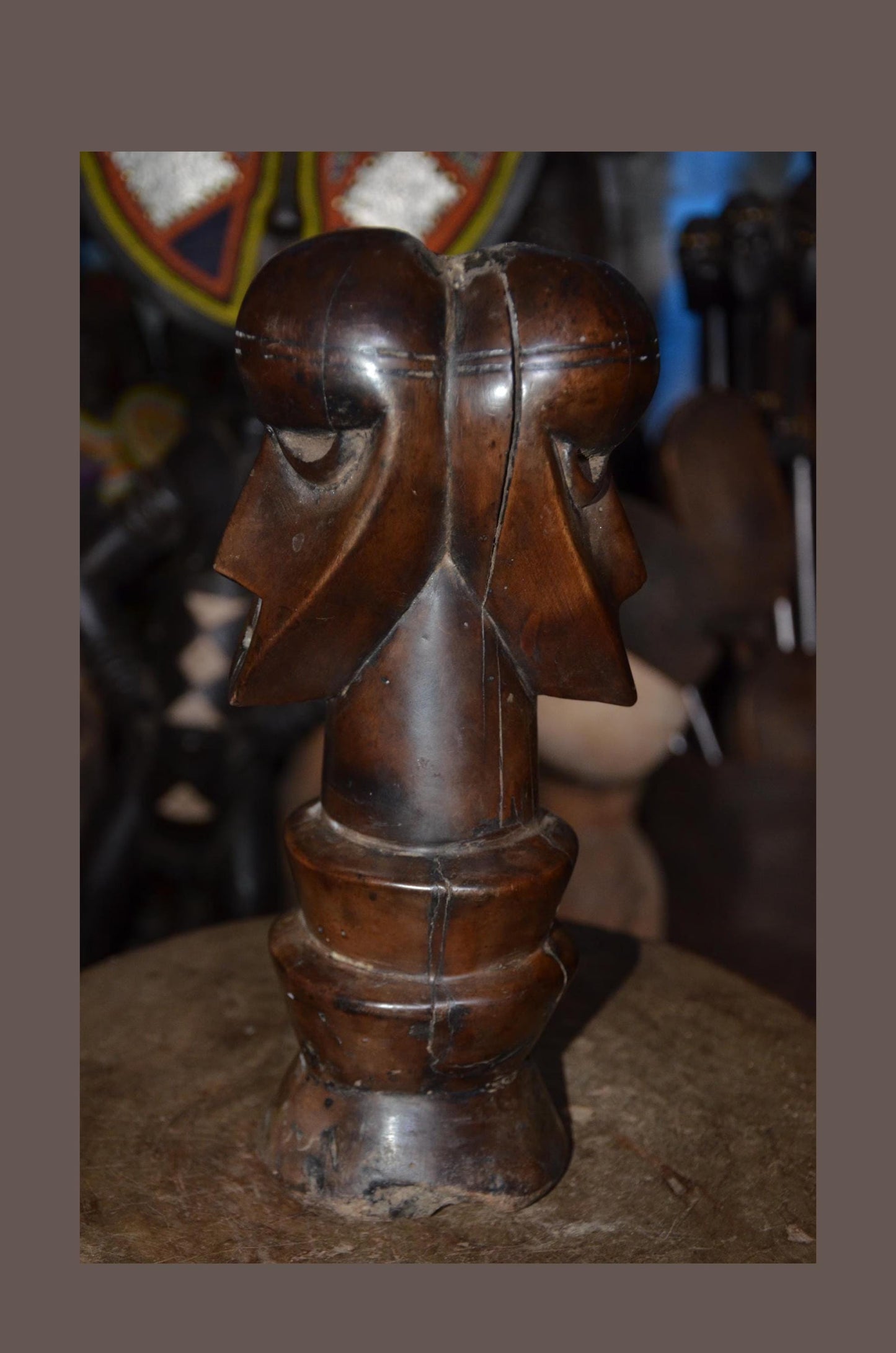Authentic Songye Kifwebe Head Sculpture - 12" Hand-Carved Wood Ancestor Bust on Ringed Pedestal, Polished Mahogany Patina.