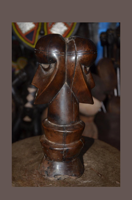 Authentic Songye Kifwebe Head Sculpture - 12" Hand-Carved Wood Ancestor Bust on Ringed Pedestal, Polished Mahogany Patina.