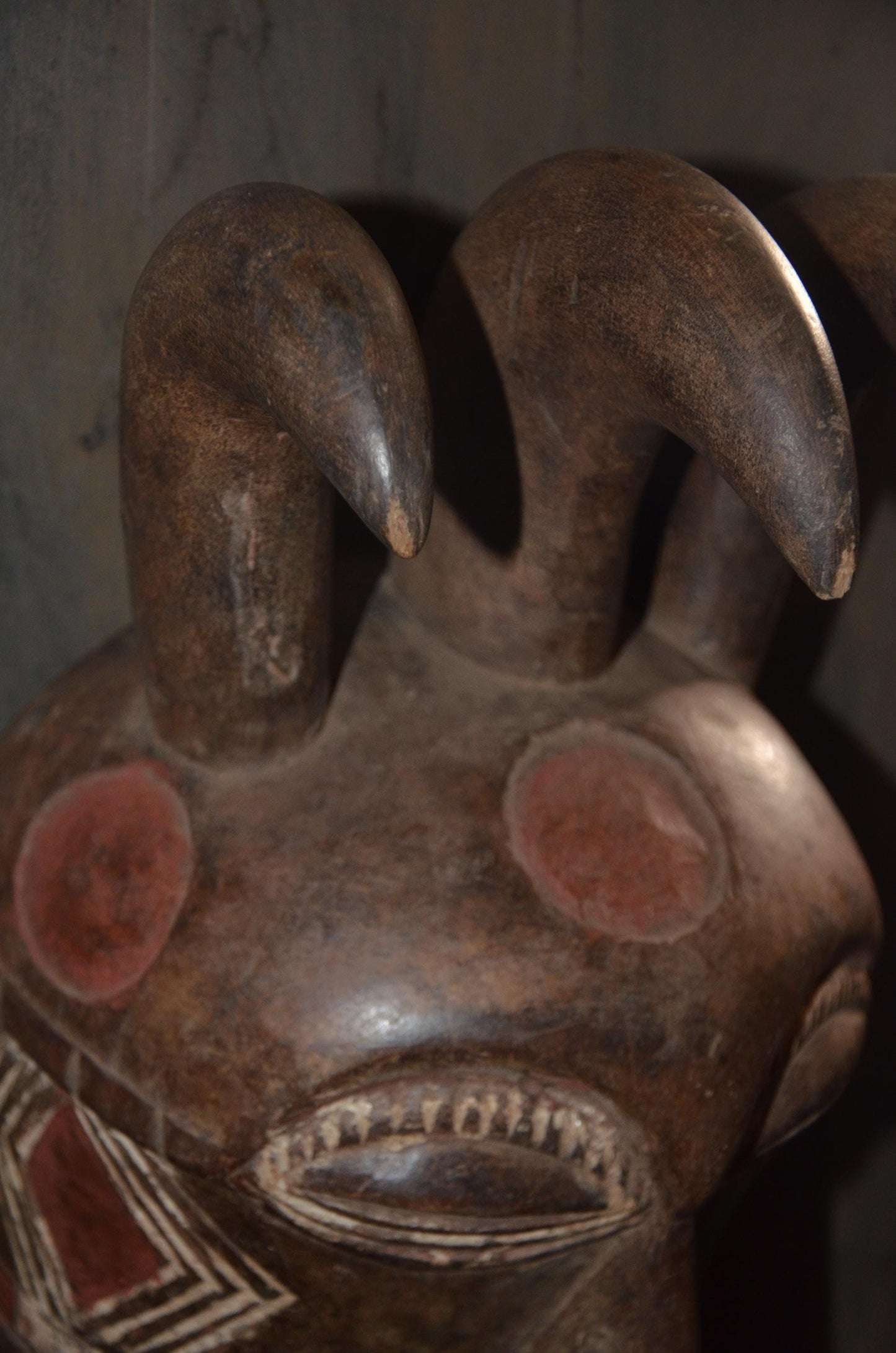 Marka Ntomo Polychrome Mask - 21" Authentic Mali Maraka Wood Carving, Three-Horned Initiation Face Mask.