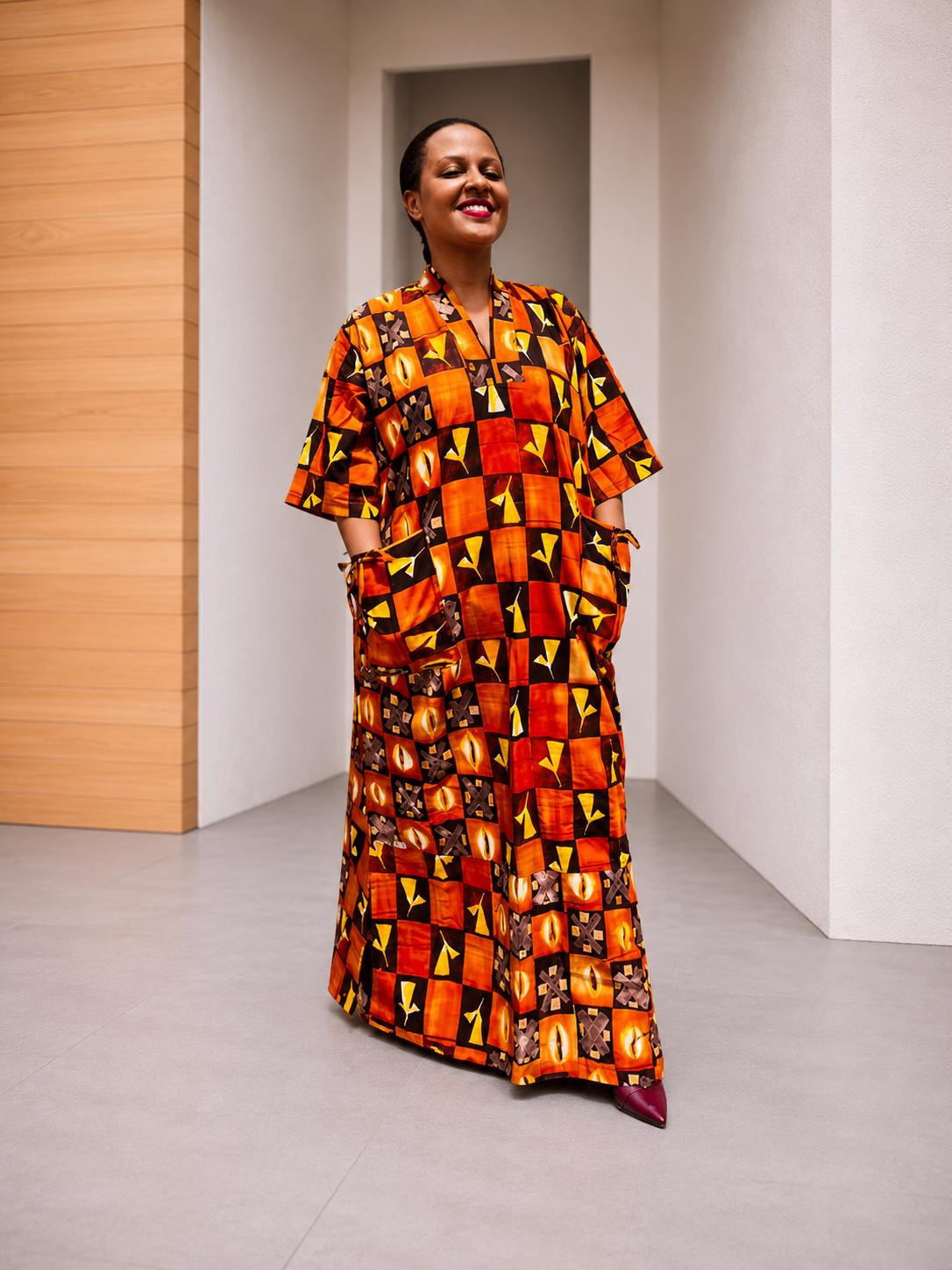 Mixed-Print Ankara Maxi Dress | Grid-Patterned African Boubou, Warm-Tone Patchwork
