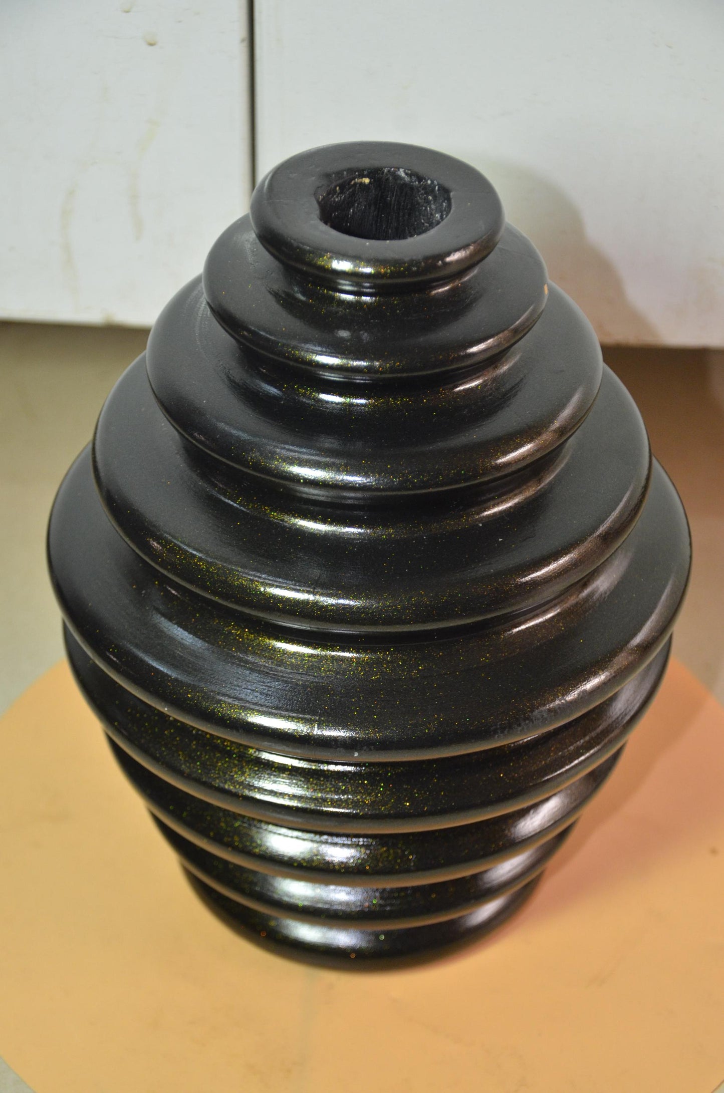 Large Black Wooden Ribbed Vase | Gold Shimmer Beehive Ringed Vessel, Nordic Decor