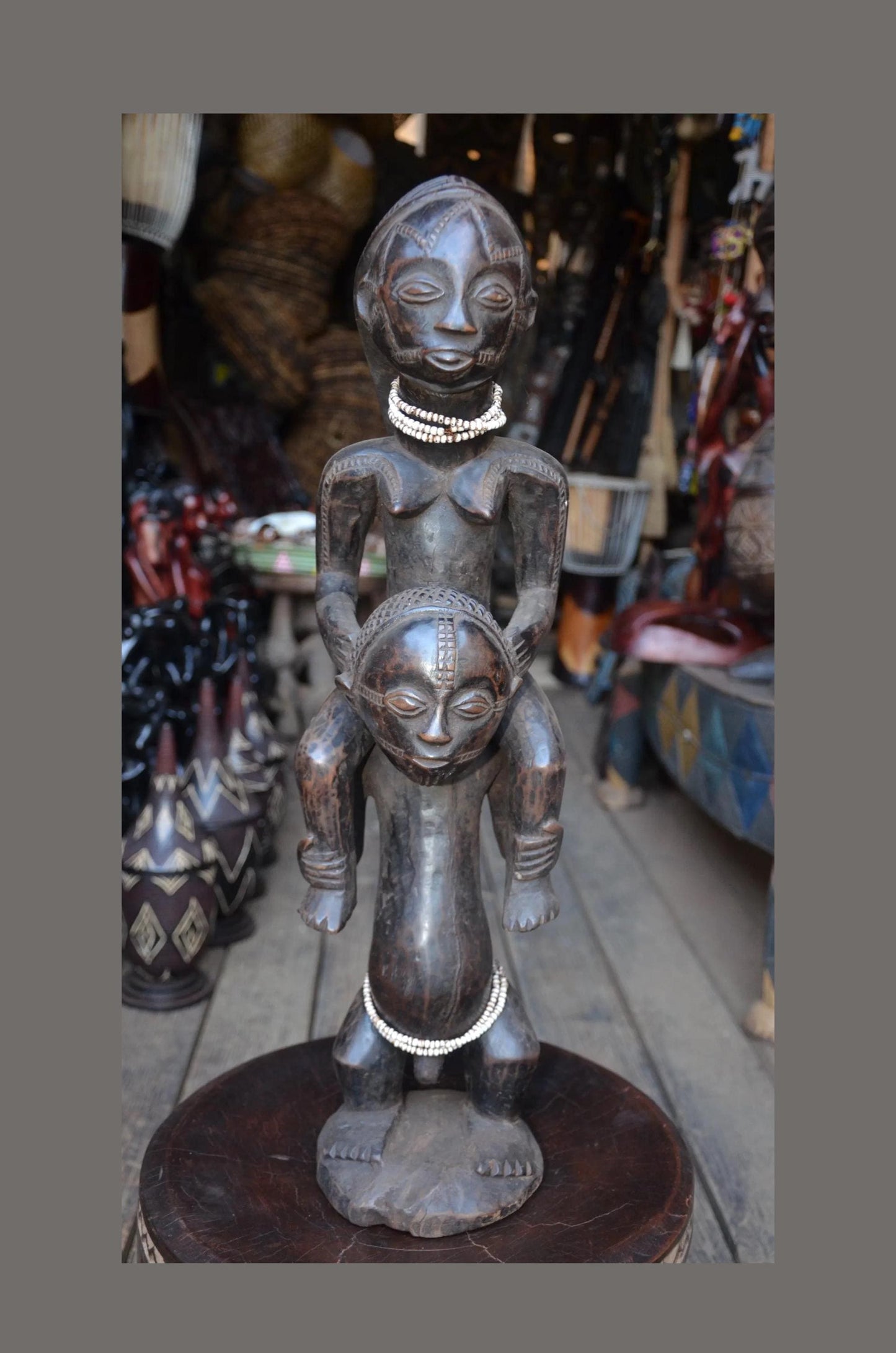 Authentic Luba Dual-Figure Statue – Hand-Carved Wood Ancestor Sculpture, Beaded Accent Congo
