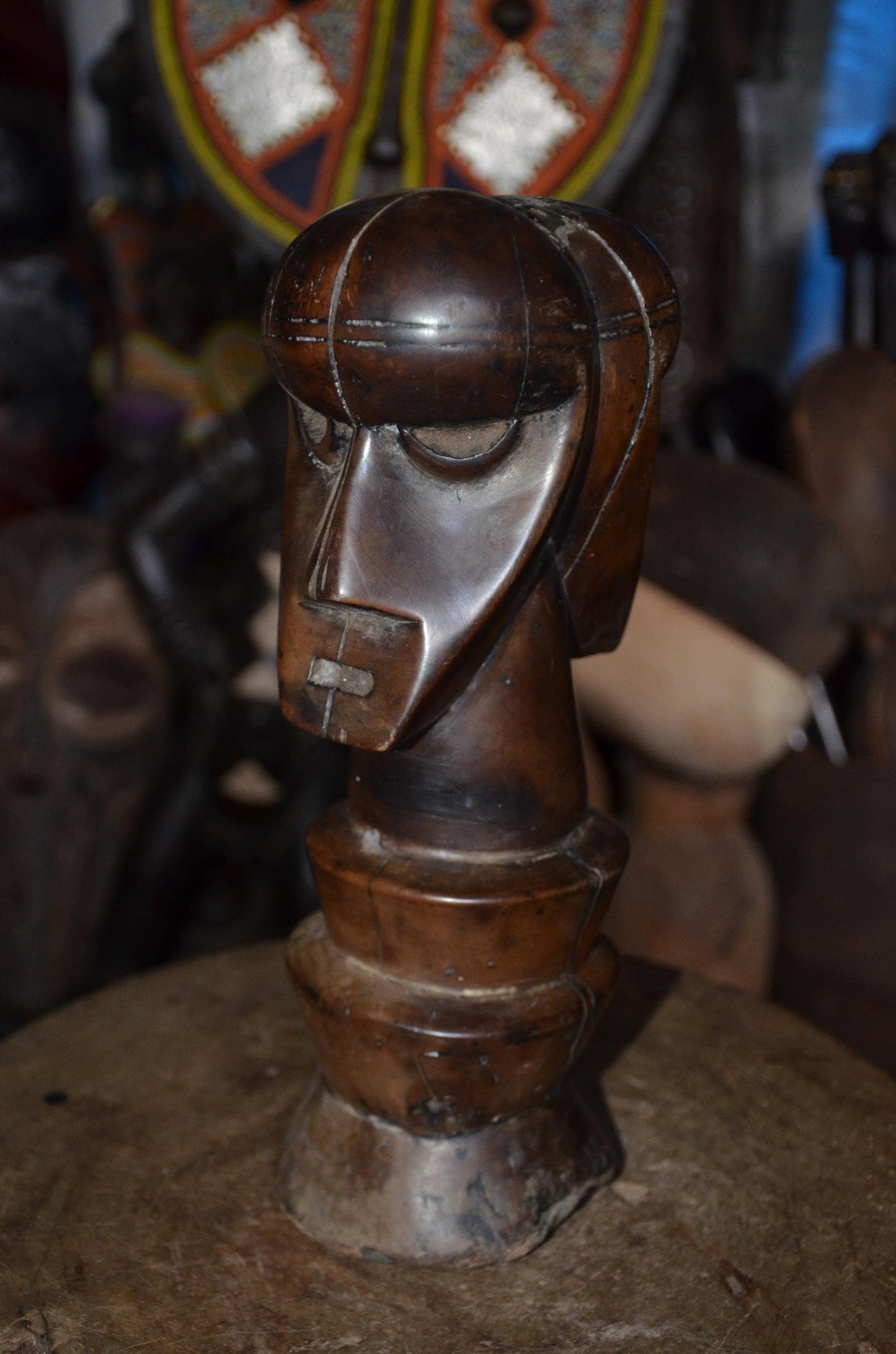 Authentic Songye Kifwebe Head Sculpture - 12" Hand-Carved Wood Ancestor Bust on Ringed Pedestal, Polished Mahogany Patina.