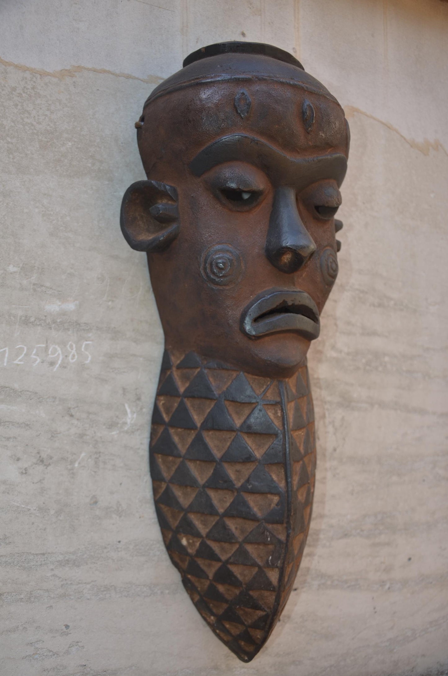 Large Chokwe Style Face Mask - 23" Elongated African Wood Carving, Geometric Tribal Wall Sculpture, High-End Primitive Art Statement Piece.