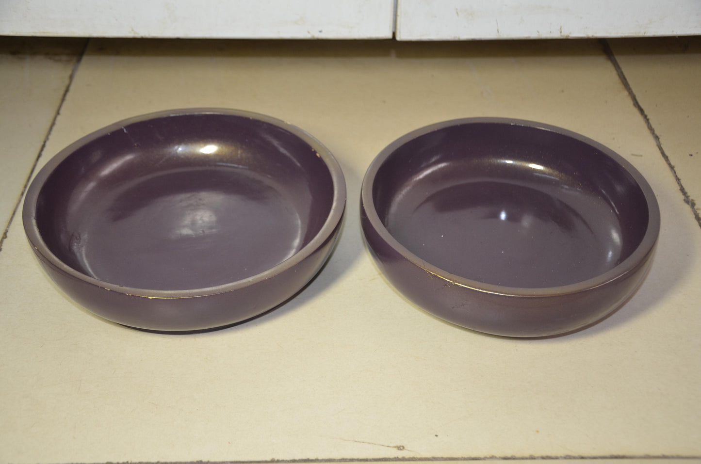 Set of 2 Purple Wooden Shallow Bowls | Plum Decorative Fruit Dish Pair