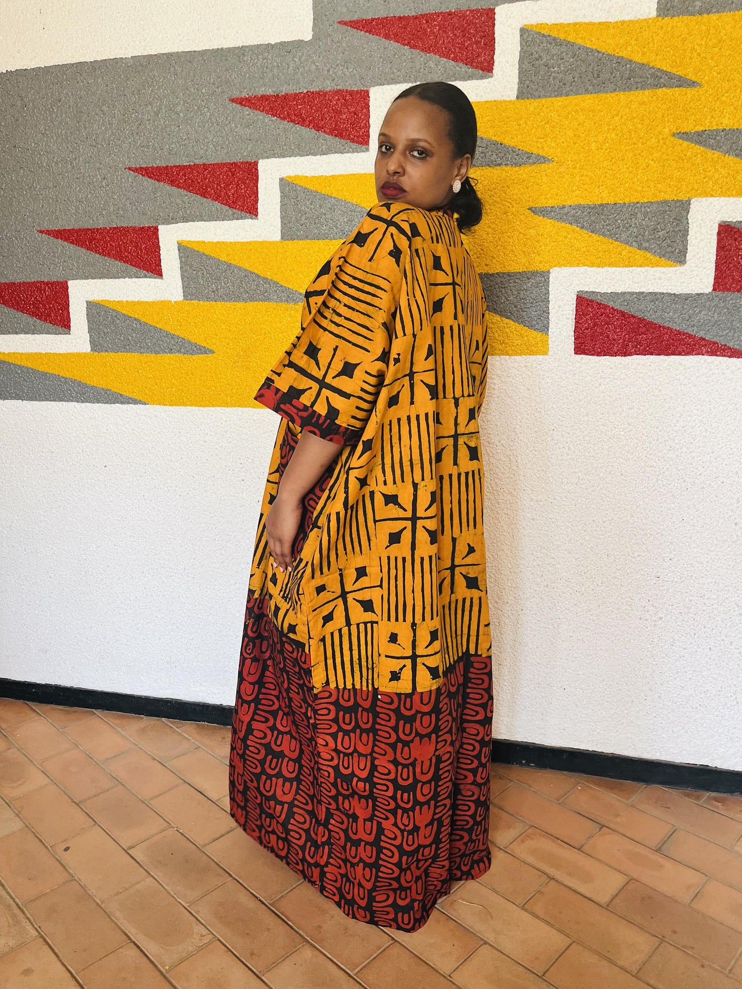 Split Graphic Ankara Boubou Gown | Half-and-Half Tribal Kaftan, Mustard and Burgundy Maxi