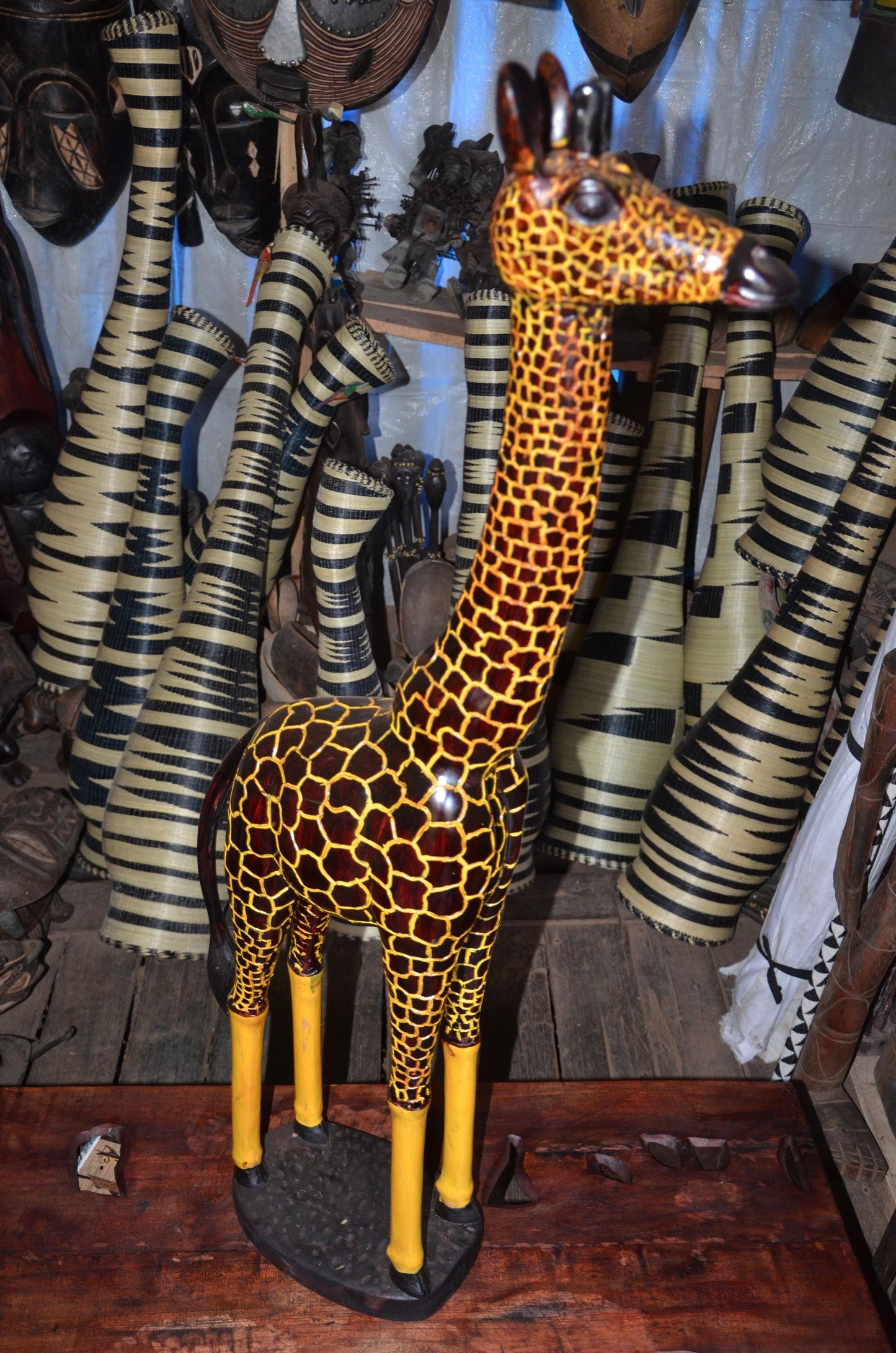 Hand-Carved African Wooden Giraffe Sculpture - 45" Tall Large Wildlife Statue, High-End Wood Carving Statement Piece.