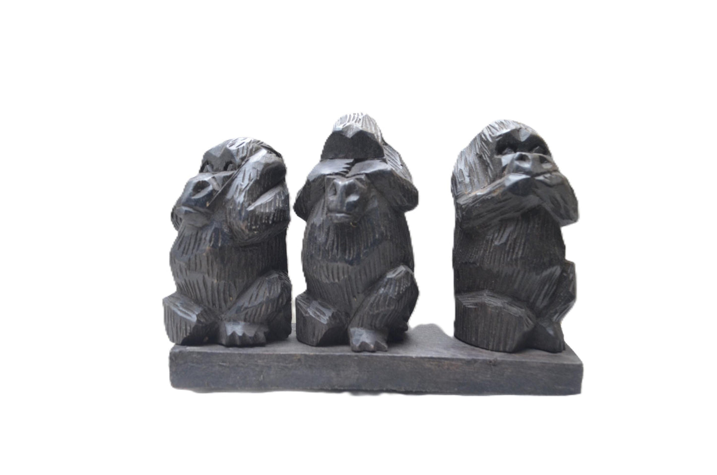 Three Wise Gorillas Wood Carving, See Hear Speak No Evil African Statue Set