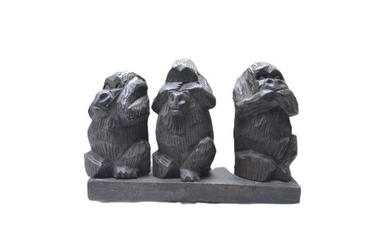 Three Wise Gorillas Wood Carving, See Hear Speak No Evil African Statue Set