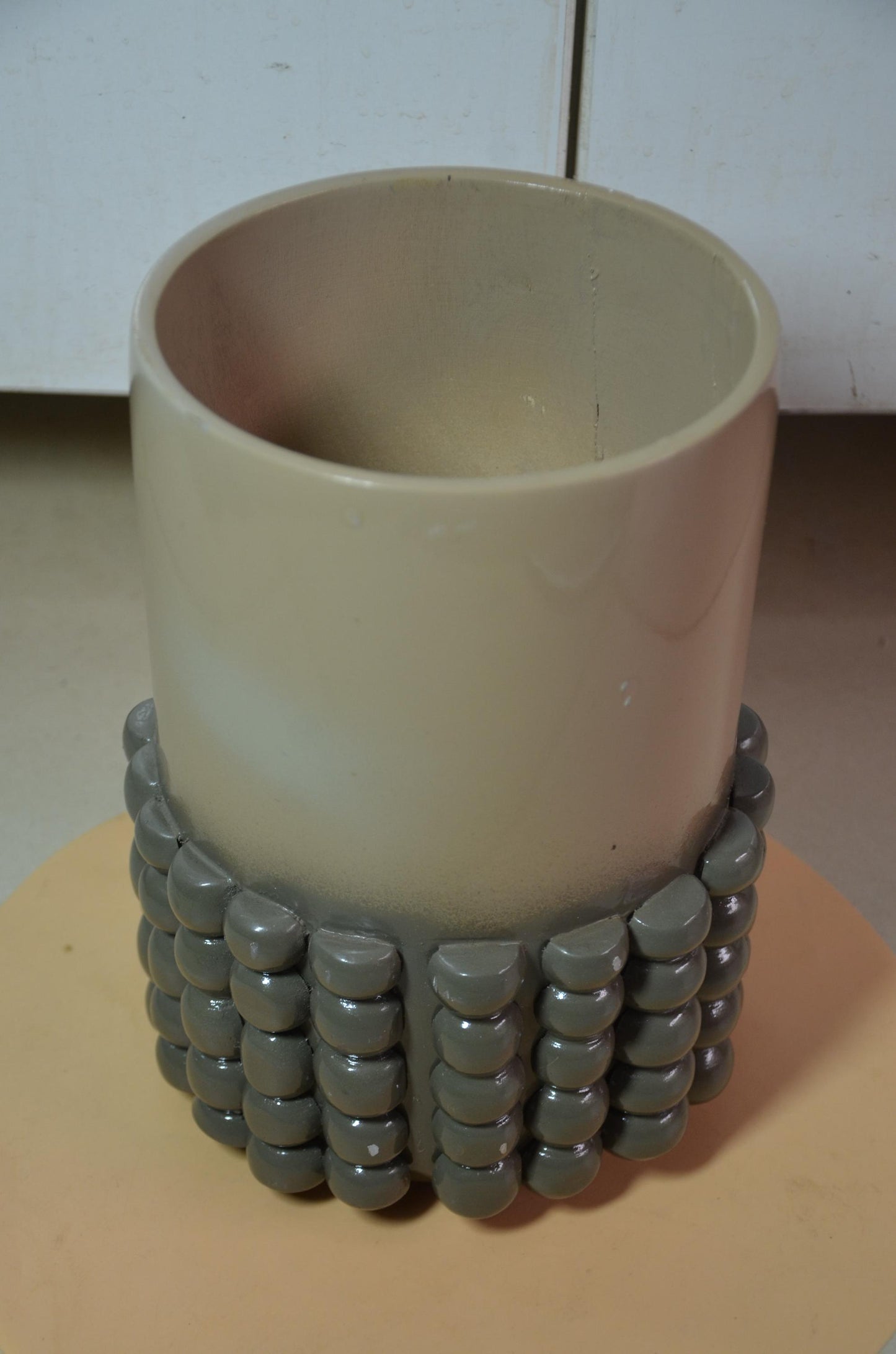 Beaded Wooden Cylinder Vase | Beige and Grey Bubble Texture Pillar Vessel