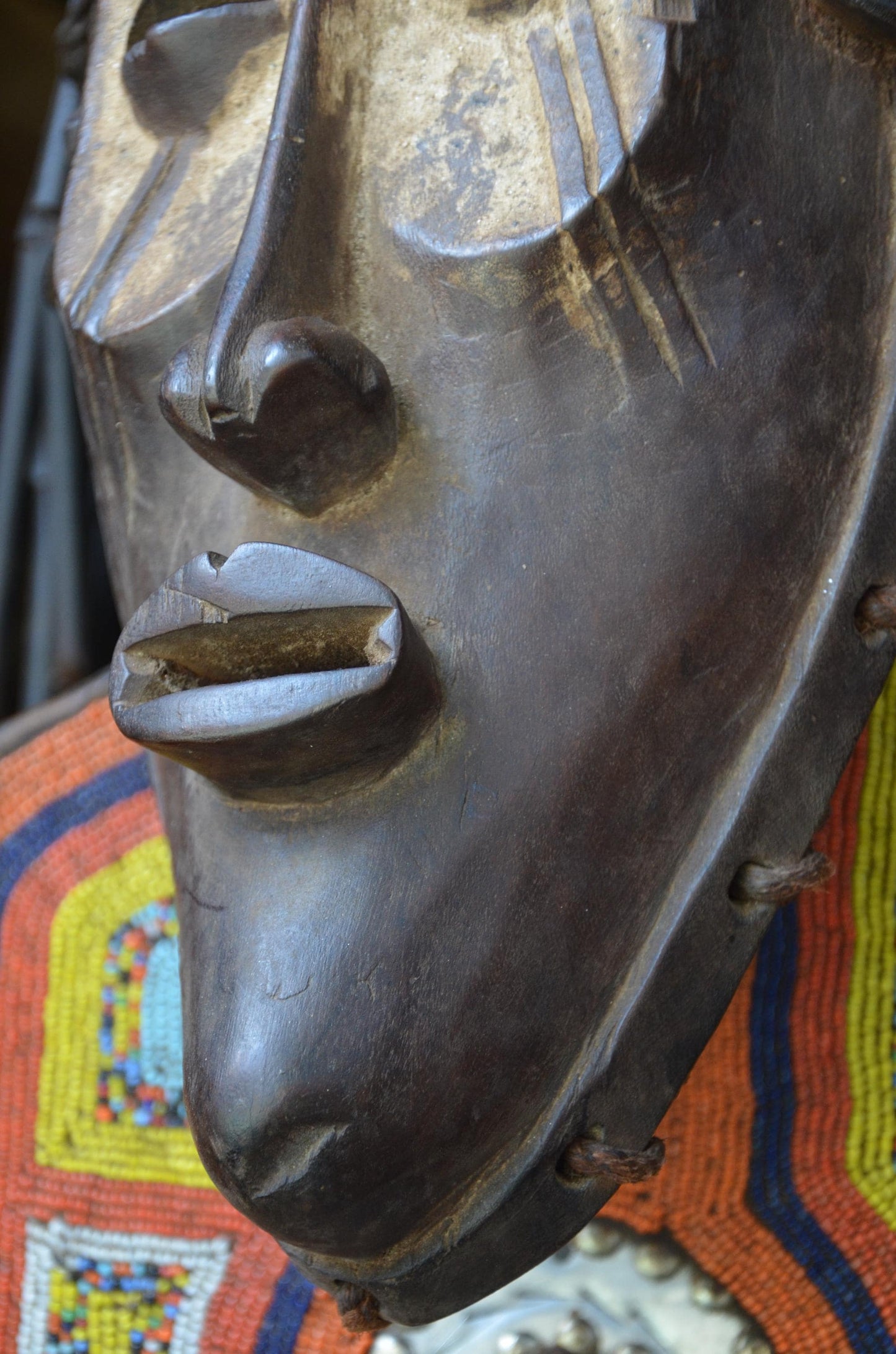 Authentic African Chokwe Mwana Pwo Mask - 21" Large Beaded Stand Display, Angola Tribal Face Mask, Elegant Wood Carving.
