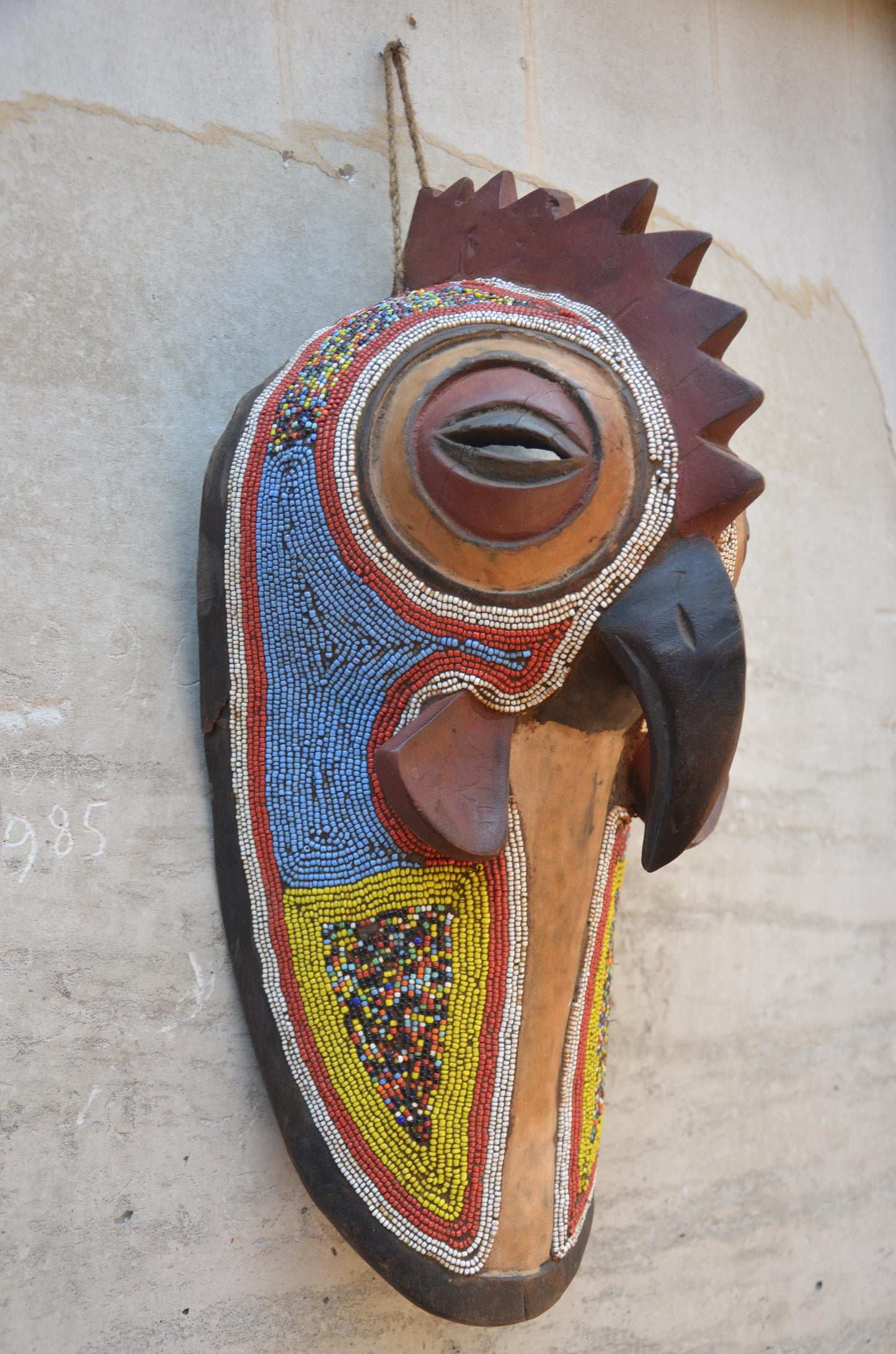 Authentic Cameroon Grassfields Beaded Rooster Mask - 17" Hand-Carved African Zoomorphic Bird Mask, Bamileke Style Beadwork Wall Sculpture.