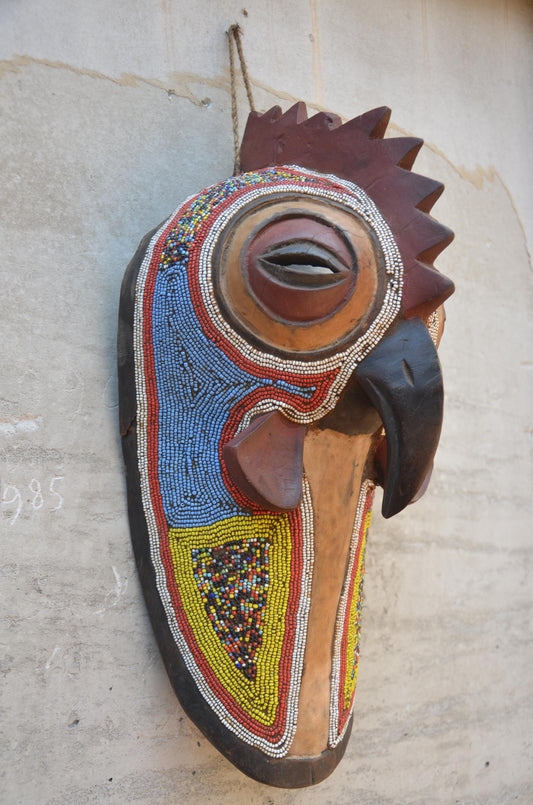 Authentic Cameroon Grassfields Beaded Rooster Mask - 17" Hand-Carved African Zoomorphic Bird Mask, Bamileke Style Beadwork Wall Sculpture.