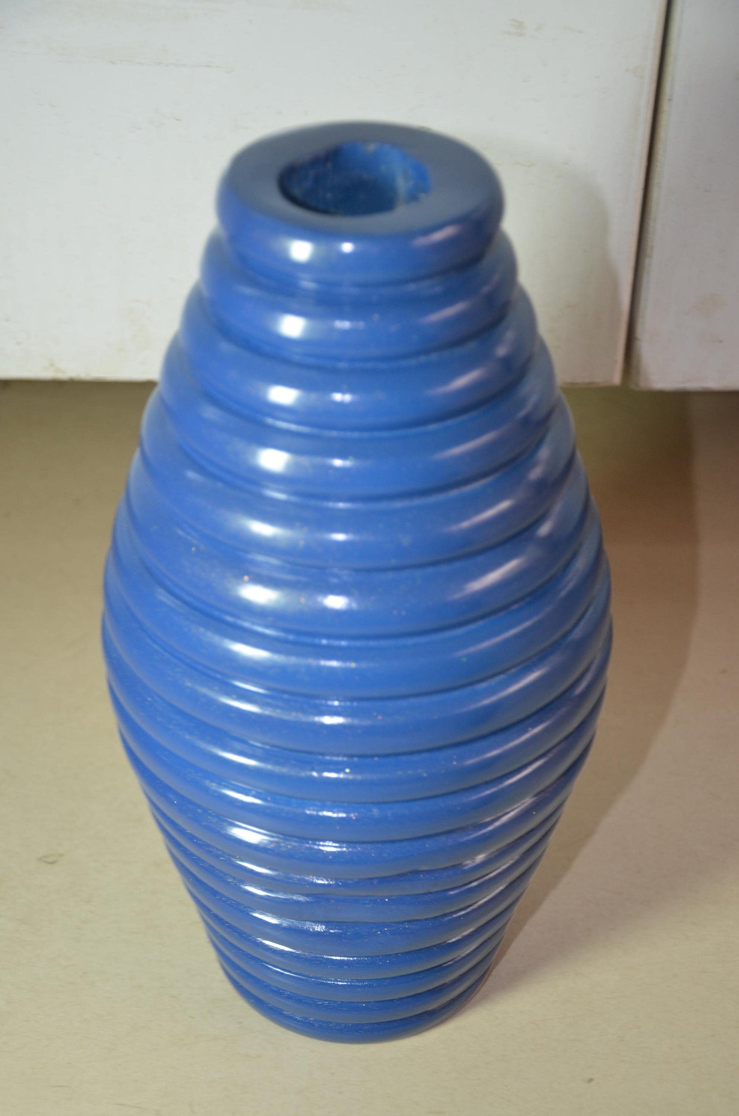 Large Blue Wooden Ribbed Vase | Cobalt Beehive Ringed Vessel | Modern Nordic Home Decor Accent Piece | Minimalist Handcrafted Wood Art