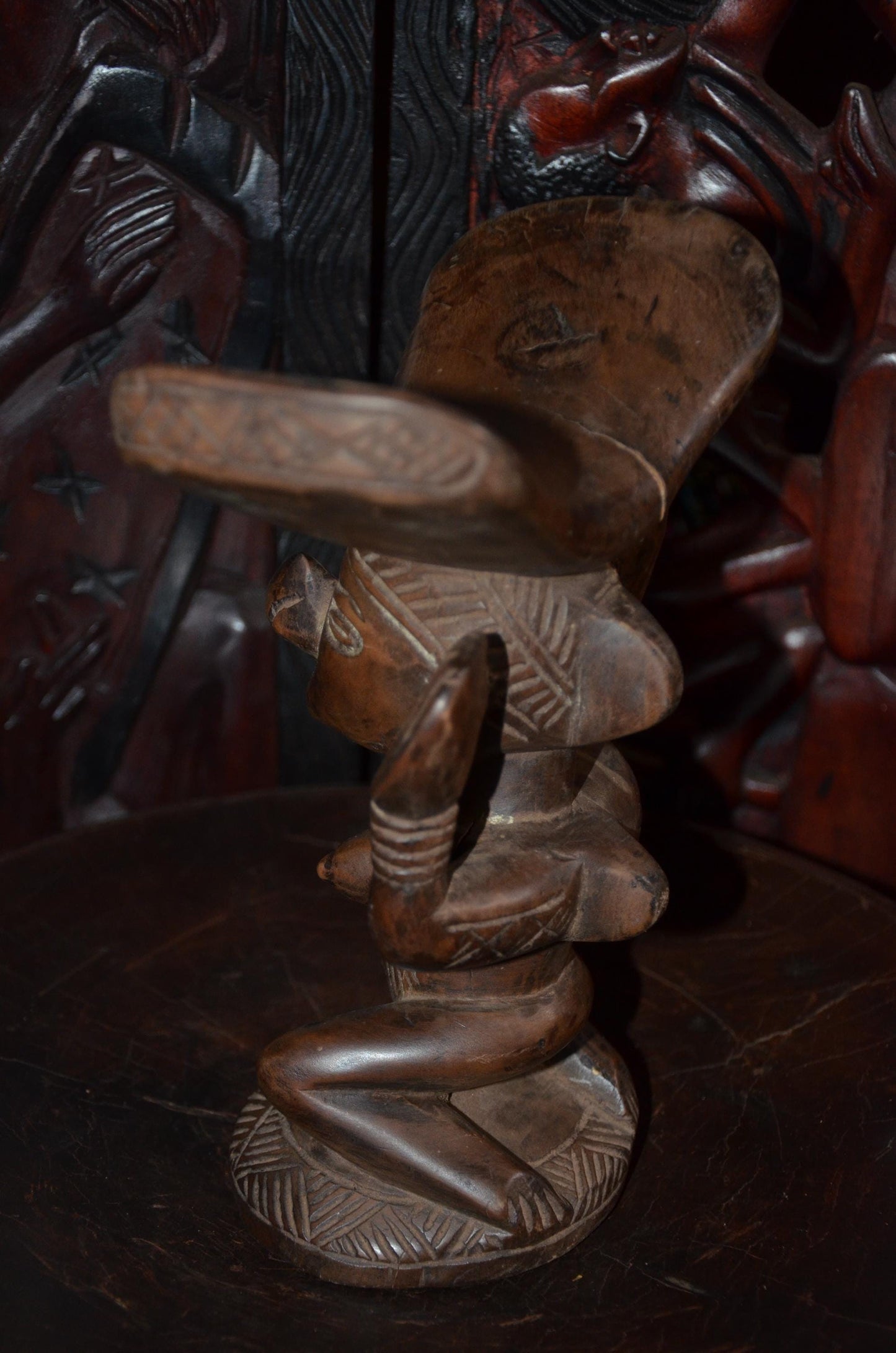 Luba Songye Caryatid Stool – 10" Hand-Carved Wood Headrest – Congo Tribal Art