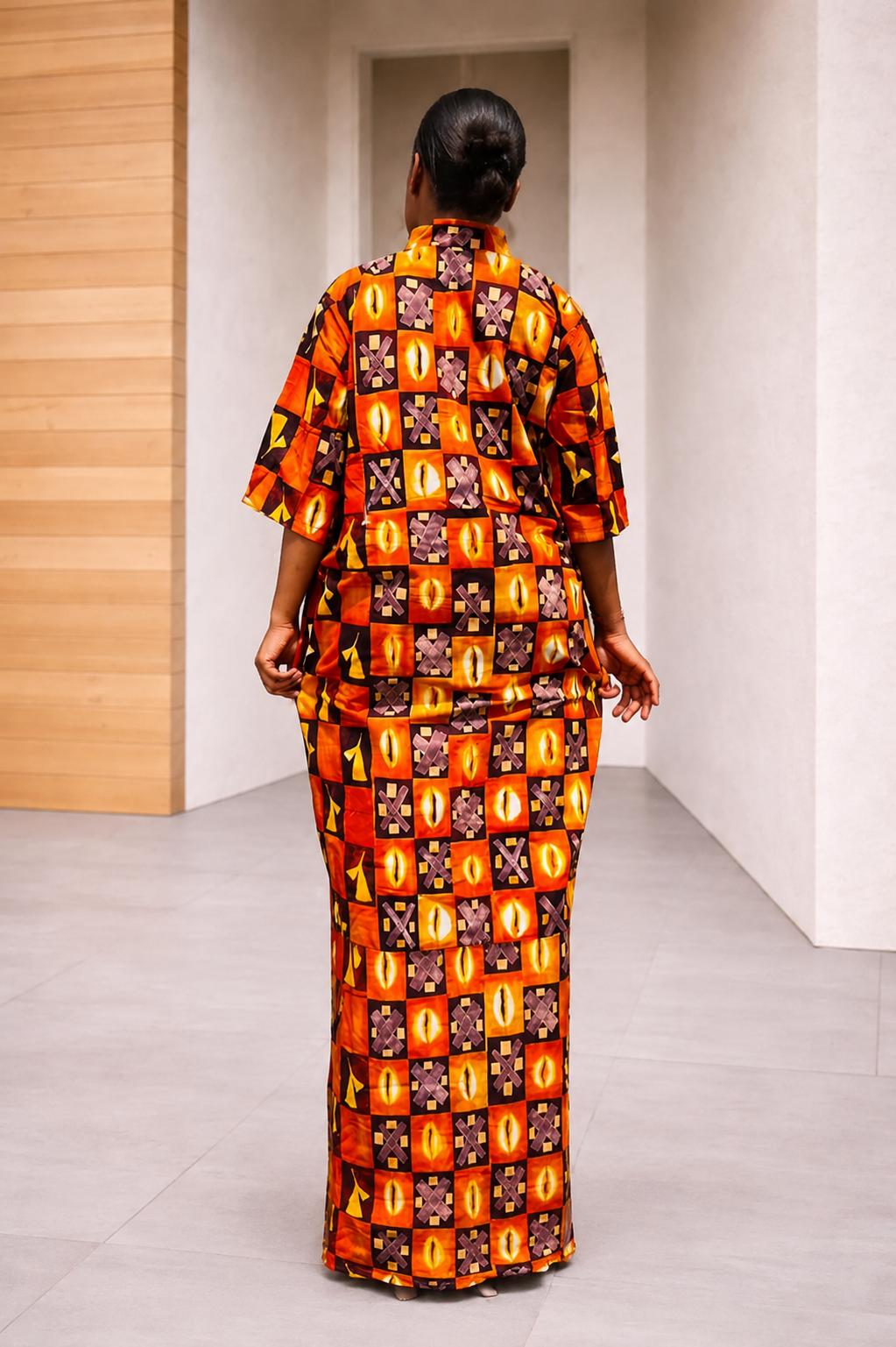 Mixed-Print Ankara Maxi Dress | Grid-Patterned African Boubou, Warm-Tone Patchwork