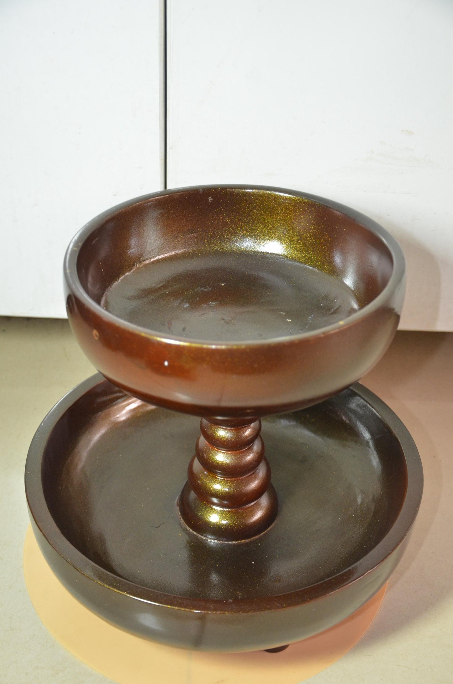 2 Tier Wooden Serving Tray | Metallic Bronze Pedestal Bowl Stand