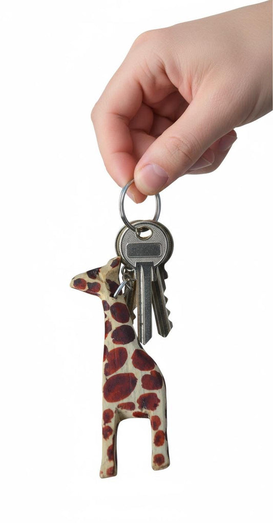 Wooden Giraffe Head Keyholder Set of 2, Handmade African Carved Wood Safari Animal Keyring