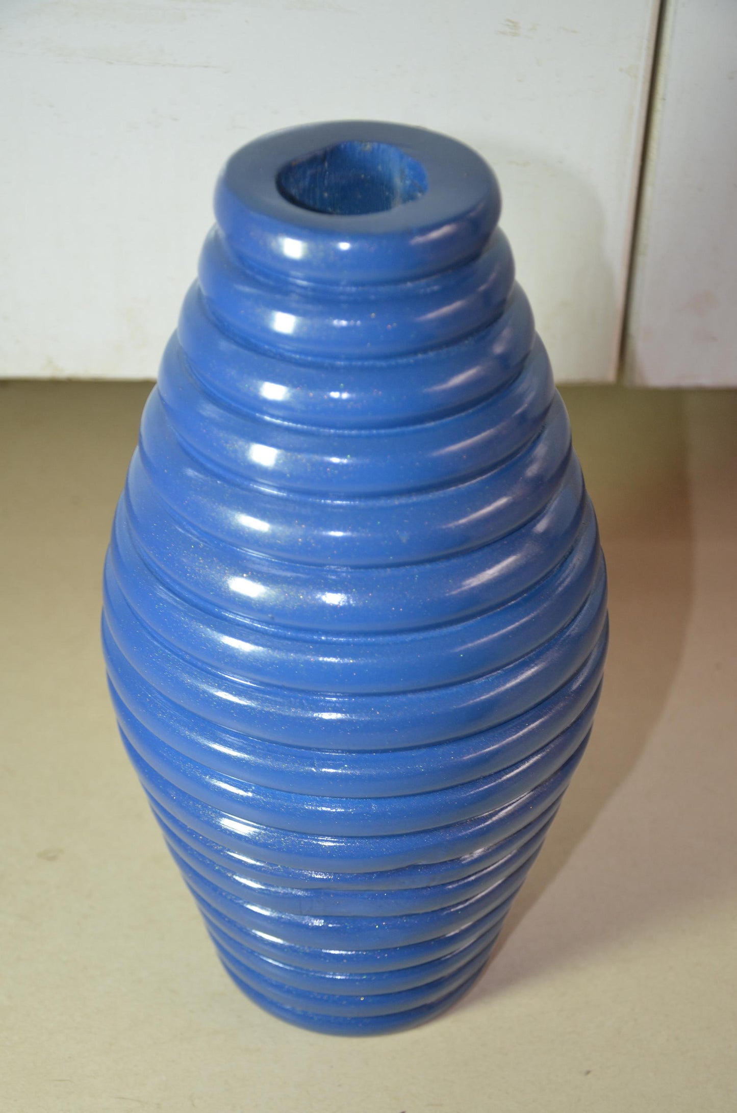 Large Blue Wooden Ribbed Vase | Cobalt Beehive Ringed Vessel | Modern Nordic Home Decor Accent Piece | Minimalist Handcrafted Wood Art