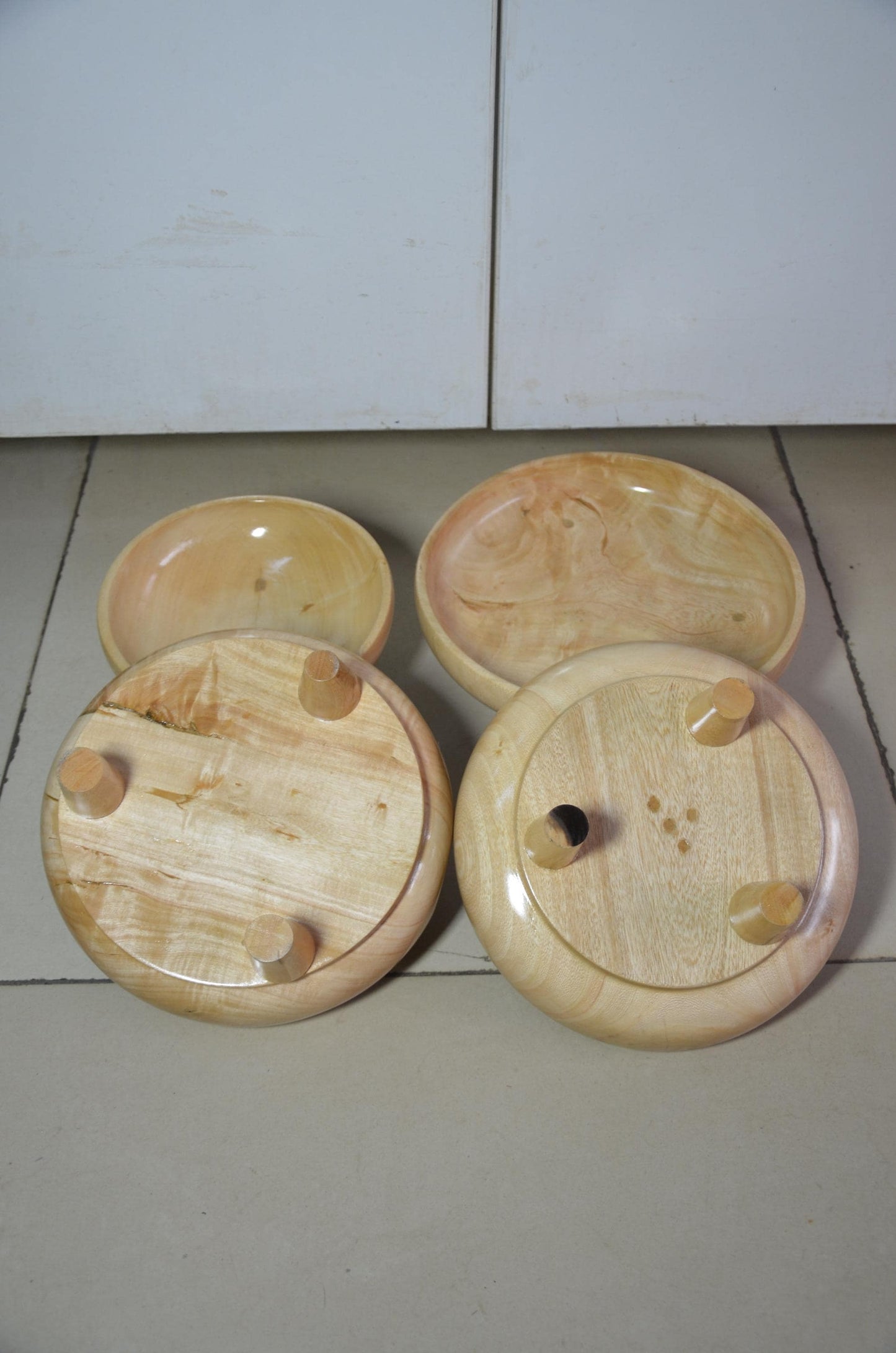 Set of 4 Footed Wooden Bowls | Natural Blonde Wood Decorative Fruit Dish Set