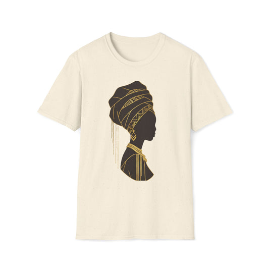 African Goddess Silhouette T-Shirt — Black Woman Profile with Gold Headwrap