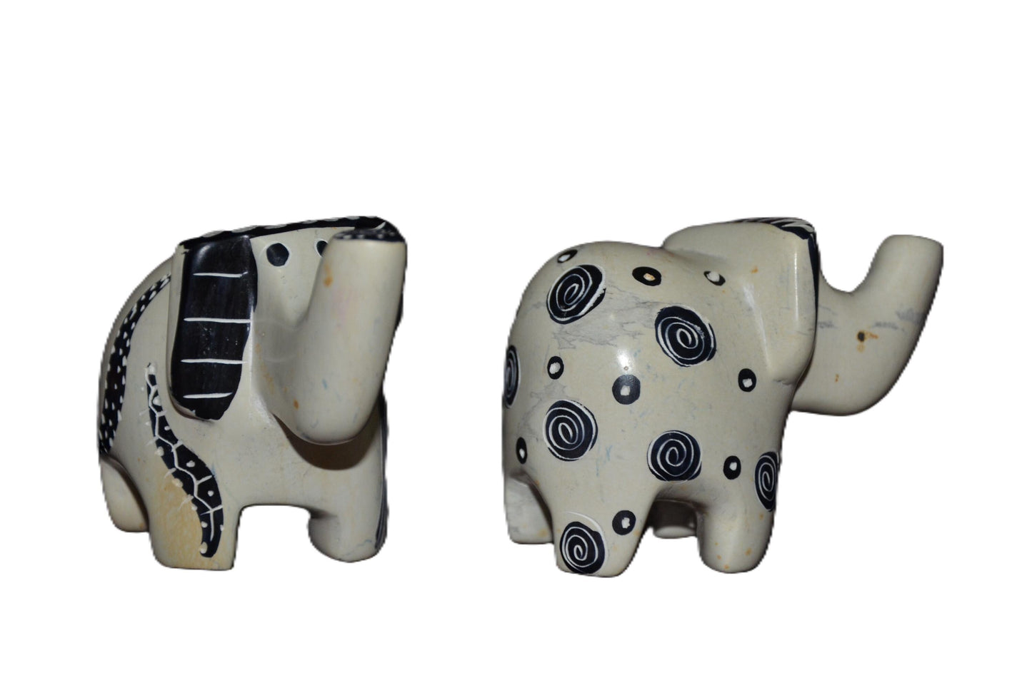 Set of 2 Soapstone Elephant Figurines Hand Carved Kenyan Animal Statue Cream Black Modern Boho Shelf Decor Elephant Lover Gift Art
