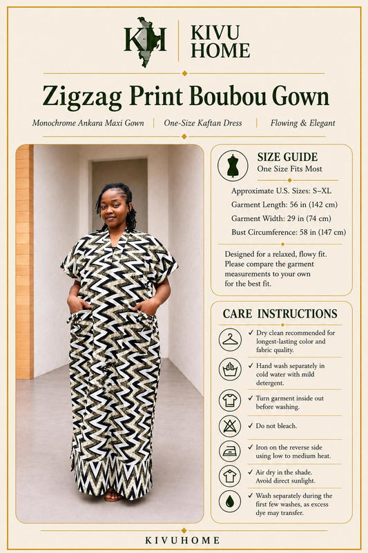 Zigzag Print Boubou Gown | Monochrome Ankara Maxi Dress, One-Size Kaftan