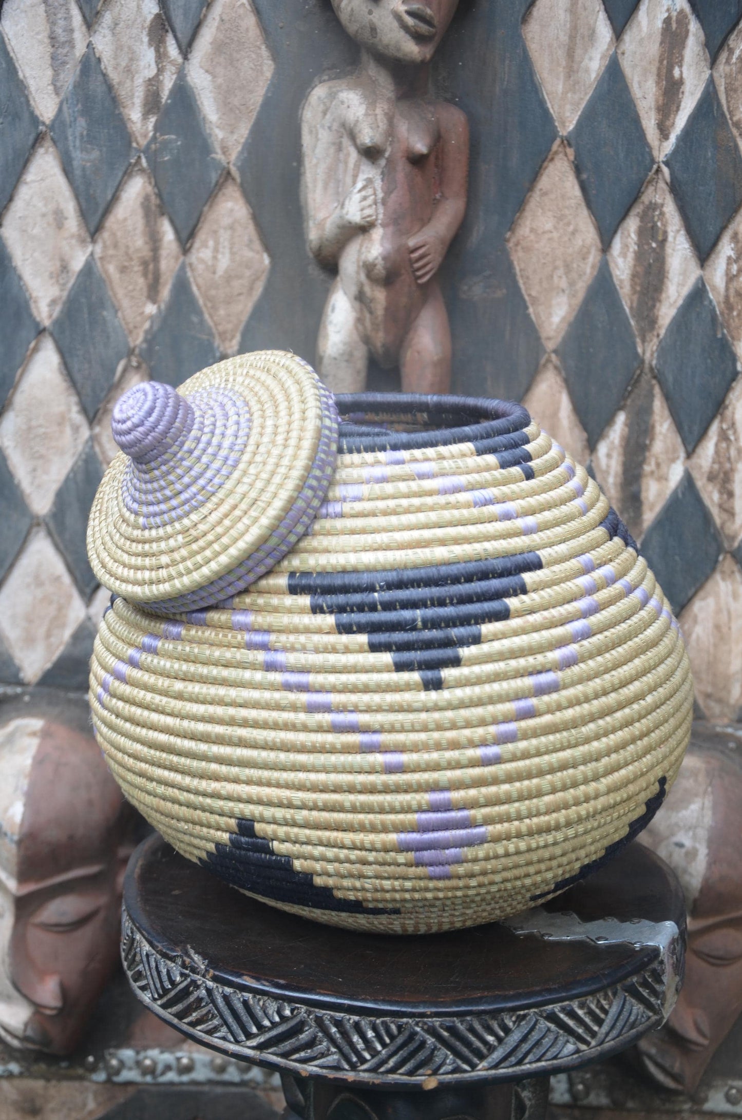 Rwandan Lidded Basket | Charcoal & Lavender Woven Storage | Artisan Home Decor