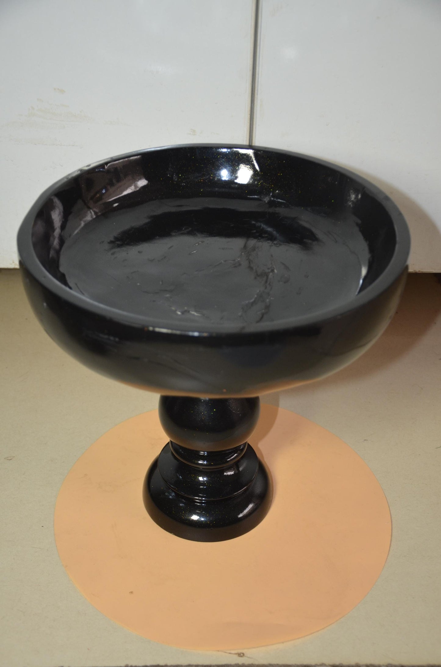 Pedestal Black Wooden Fruit Bowl | Glossy Black & Gold Footed Serving Dish